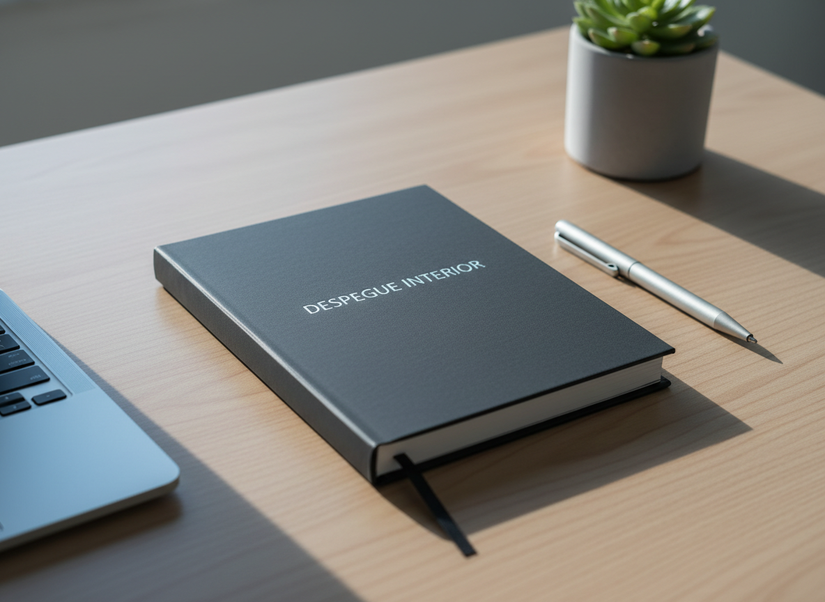 A sleek, closed hardcover notebook in matte charcoal gray, with the title “Despegue Interior” delicately embossed in silver on the cover, rests neatly centered on a light oak desk. Around it lie a minimalist silver pen, a thin laptop partially visible, and a small concrete planter with a tidy green plant, all arranged with clean lines. Soft, diffused daylight enters from the left, creating gentle, elongated shadows and subtle highlights along the notebook’s edges. Shot from a slightly elevated, eye-pleasing angle with a shallow depth of field, the notebook is in crisp focus while the background softly blurs. The mood is calm, focused, and professional, with a photographic realism and clean, modern corporate aesthetic supporting the theme of personal growth and structured reflection.