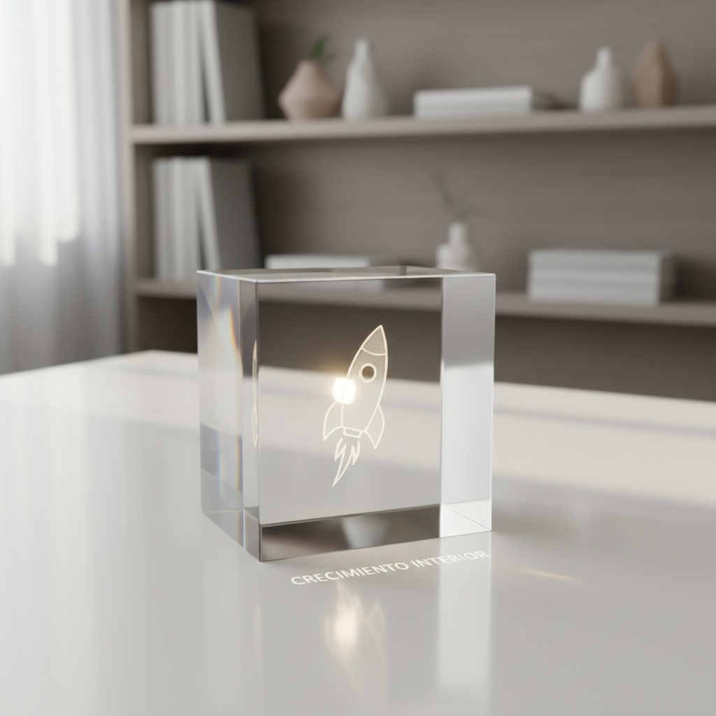 A transparent acrylic cube rocket sculpture, with clean beveled edges and an etched, upward-pointing rocket icon inside, stands on a polished white desk surface. Beneath the cube, the words “Crecimiento Interior” appear subtly laser-engraved, only catching light at certain angles. Behind it, a blurred background of neutral-toned shelves holds neatly arranged books and understated decor objects. Gentle morning light from a nearby window creates crisp reflections on the acrylic and a soft highlight outlining the rocket, while casting a delicate shadow backward. Photographed at eye level with a slight three-quarter turn, the cube dominates the frame while maintaining negative space around it. The mood is aspirational and forward-looking, emphasizing clarity and elevation. The style is photographic realism with a clean, modern, corporate aesthetic, visually symbolizing inner launch and professional transformation.