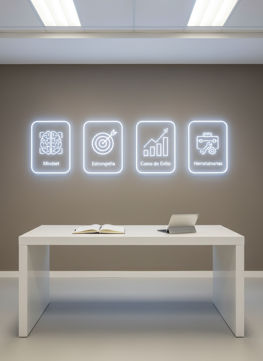 A large, minimalist wall in a neutral warm gray features four clean, geometric icons embedded like illuminated panels, each representing a pillar: a stylized brain for Mindset, a precise arrow and target for Estrategia, an abstract bar chart for Casos de Éxito, and a refined toolbox for Herramientas. Below, a streamlined white desk with sharp edges holds a single open notebook and a tablet, both impeccably aligned. Cool, indirect office lighting from the ceiling creates even illumination with faint shadows under the desk. Captured straight-on at eye level with strong horizontal and vertical lines, the composition feels structured and corporate. The atmosphere is orderly, analytical, and aspirational, rendered in photographic realism with clean lines and balanced composition, symbolizing a well-organized framework for personal and entrepreneurial growth.